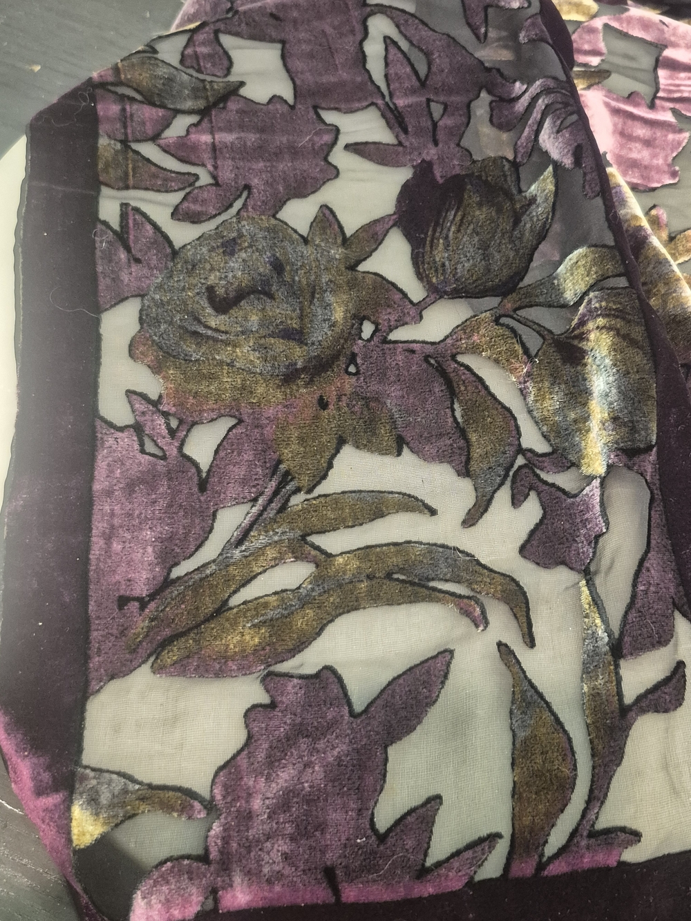 Italian Burnout Handrolled Purple Floral Velvet Scarf 9x54 - Picture 12 of 16